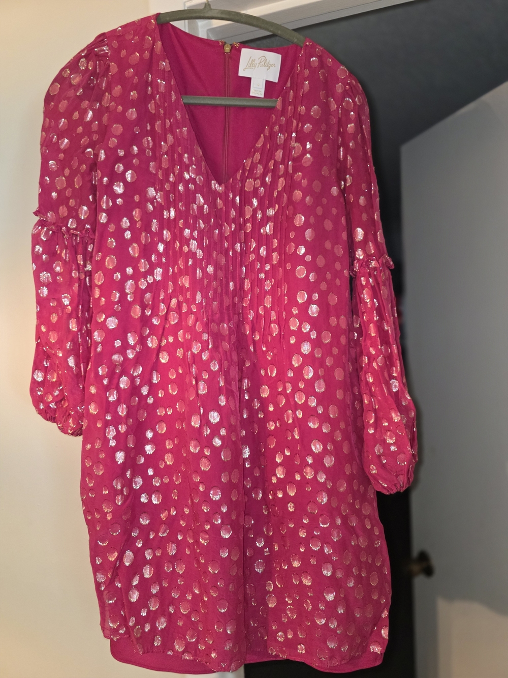 lilly pulitzer hot pink shift dress Metallic Dot V-Neck Long Sleeve Fits against the body